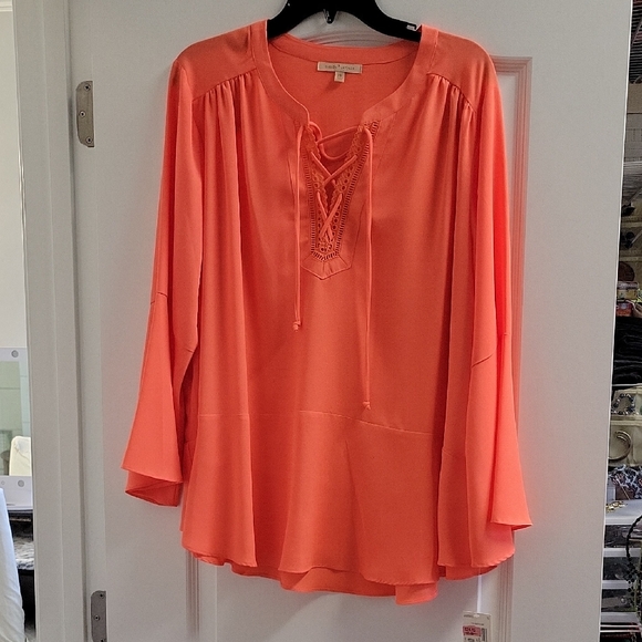 Gibson Latimer Tops - Gibson Latimer Coral Lace-Up Blouse